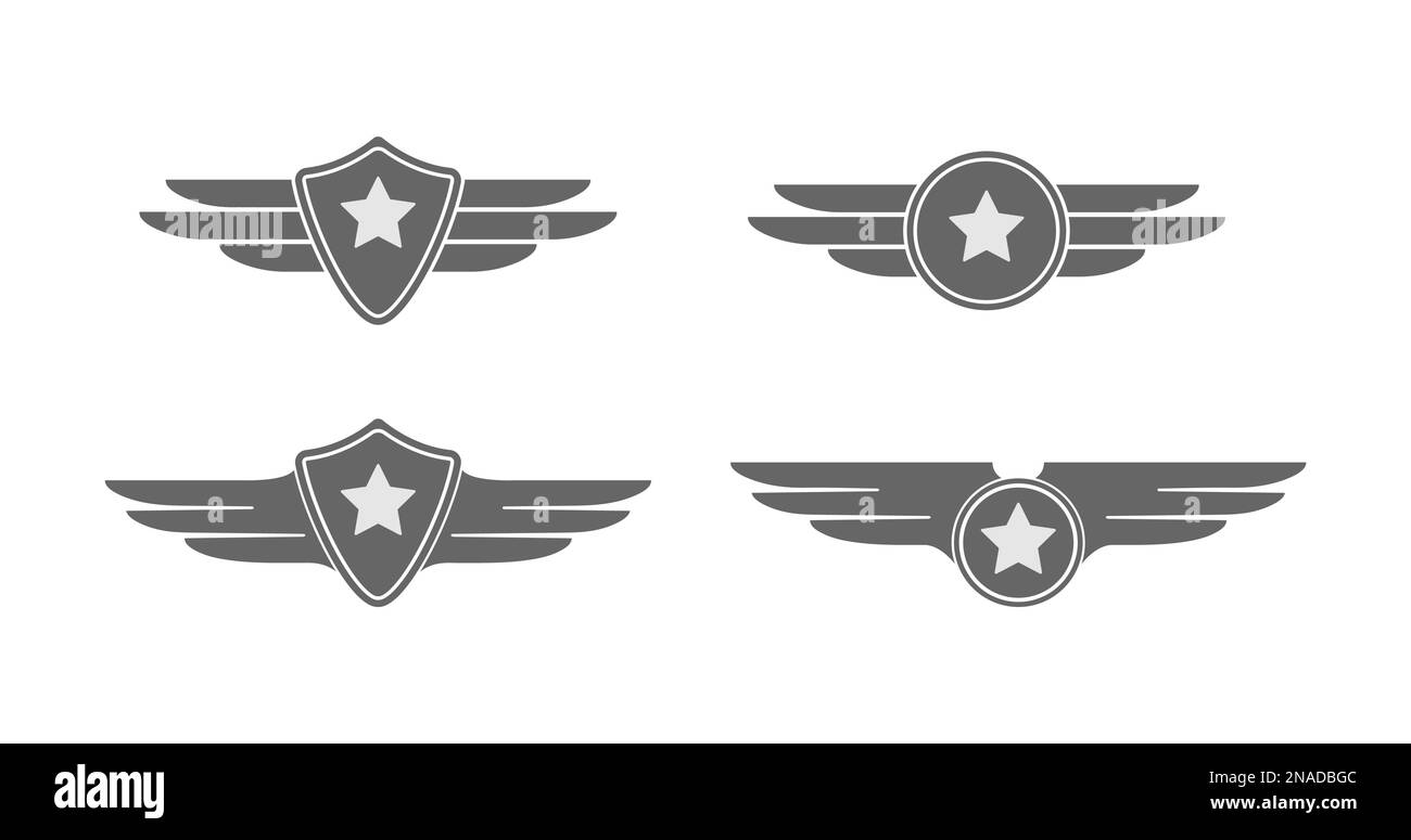 Patch. Distintivo dell'esercito con ali e una stella. Logo, logo o modello di adesivi per il web design e l'idea creativa. Design in stile piatto Illustrazione Vettoriale