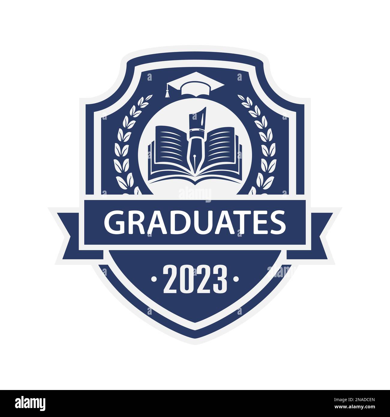 Laureato 2023. Medaglione o emblema per la progettazione creativa di diplomi, certificati, certificati, siti web, applicazioni e design tematico. Stile piatto Illustrazione Vettoriale