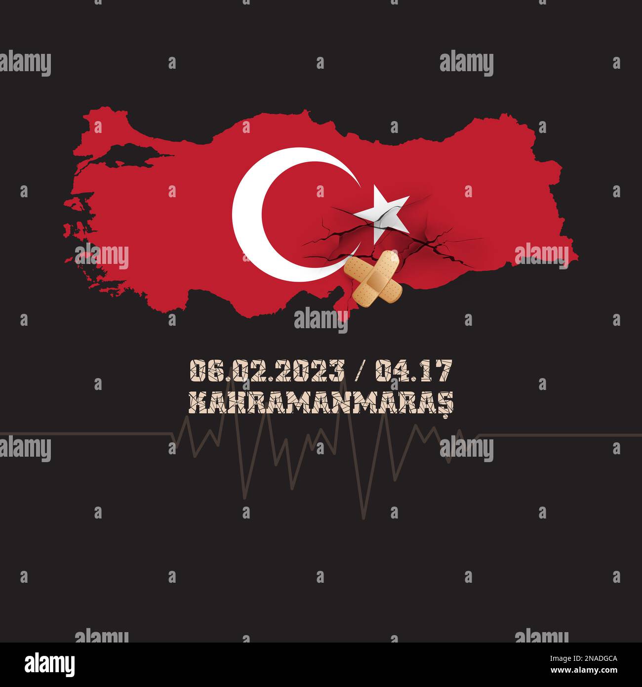 Terremoto shock sud-est Turchia. Catastrofe naturale a Kahramanmaras, Turkiye, 06/02/2023. Mappa e bandiera di Turkiye con crepe e intonaco adesivo. Foto Stock