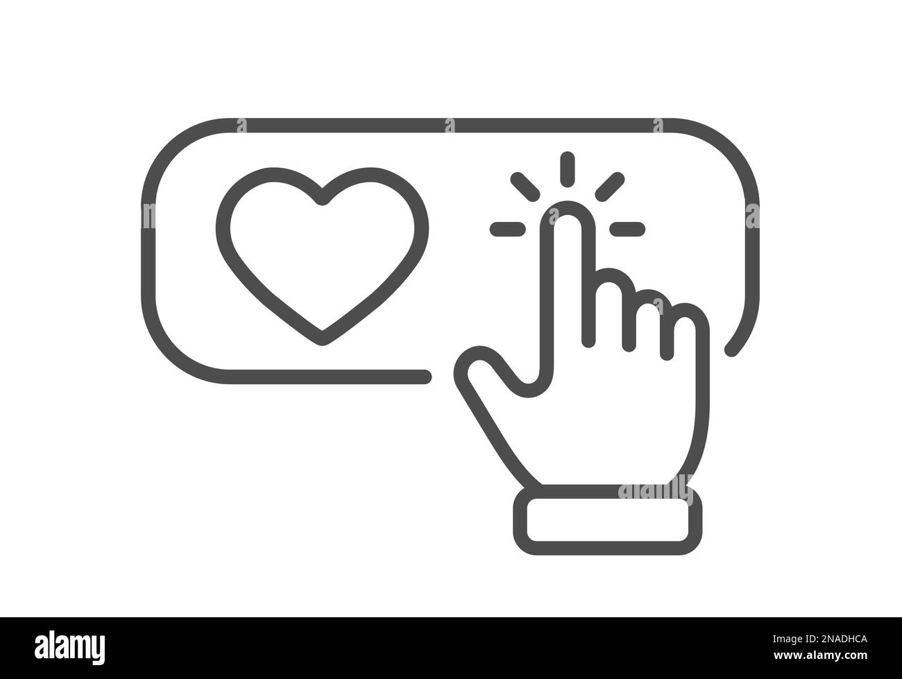 Fare clic con la mano sull'icona del cuore. La mano punta al simbolo del cuore. Design in stile piatto Illustrazione Vettoriale
