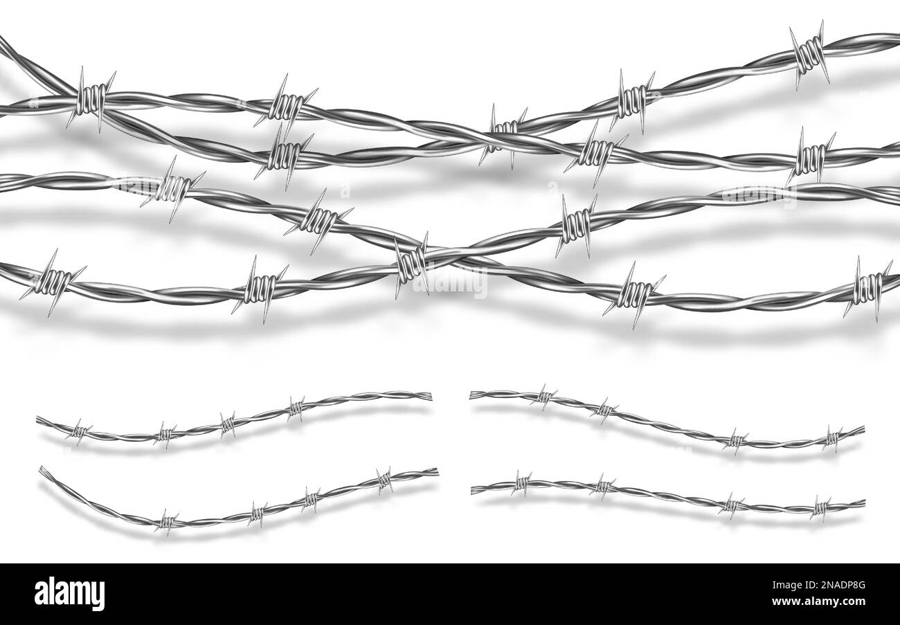 Filo metallico spinato in acciaio con spine o punte rappresentazione vettoriale realistica isolata su sfondo bianco con ombra. Elemento di recinzione o di barriera per strutture industriali o carceri pericolose Illustrazione Vettoriale