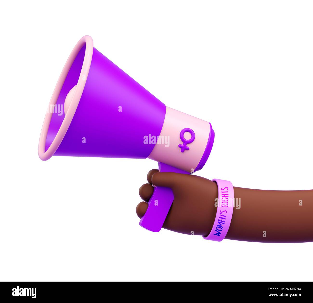 Mano isolata di una donna africana con un megafono per la giornata internazionale delle donne e attivismo femminista nell'illustrazione del 3D. Marzo 8 per l'indipendenza, em Foto Stock