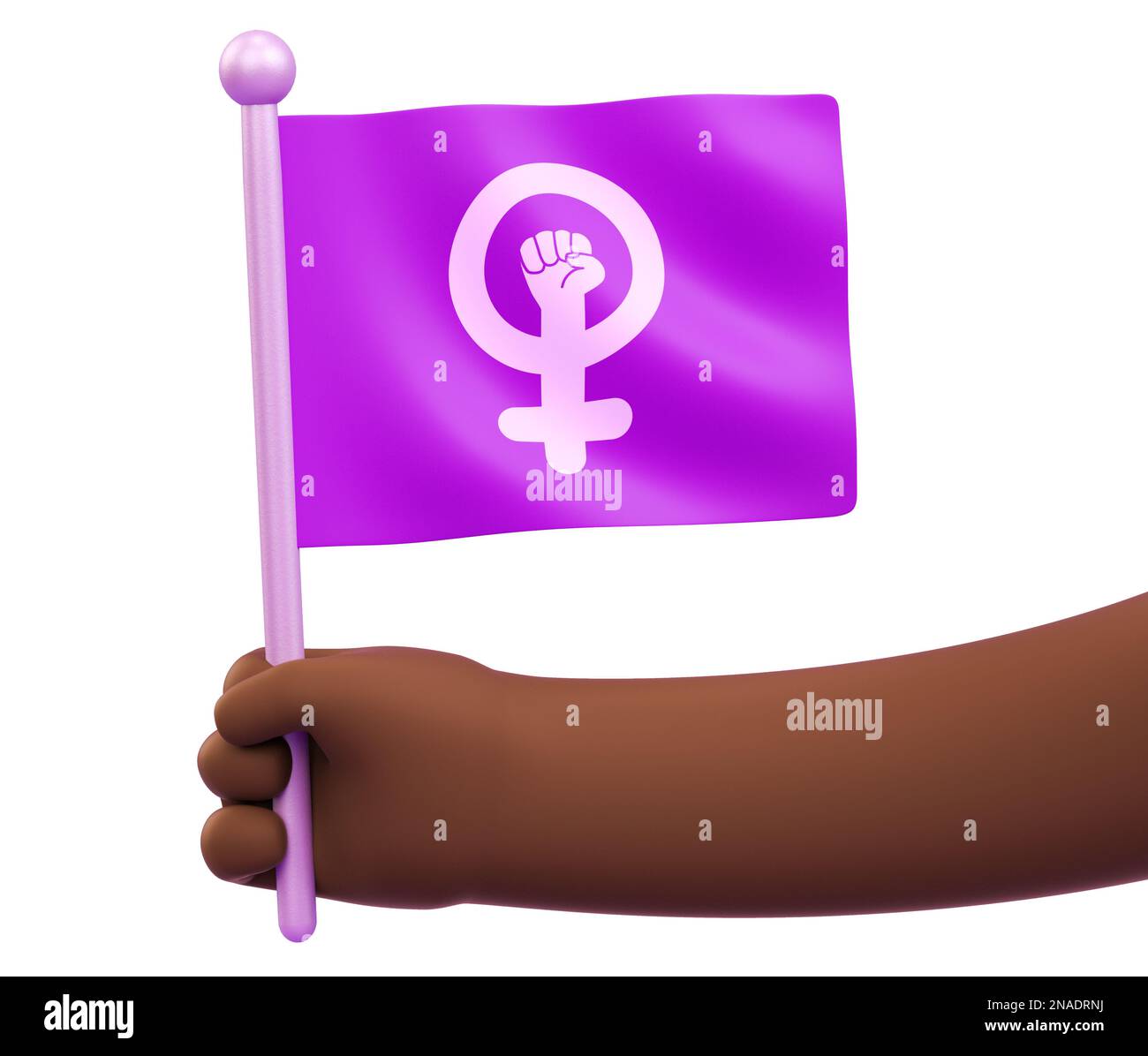 Mano isolata di una donna africana con bandiera femminista per la giornata internazionale delle donne e attivismo femminista nell'illustrazione del 3D. Marzo 8 per l'indipendenza Foto Stock