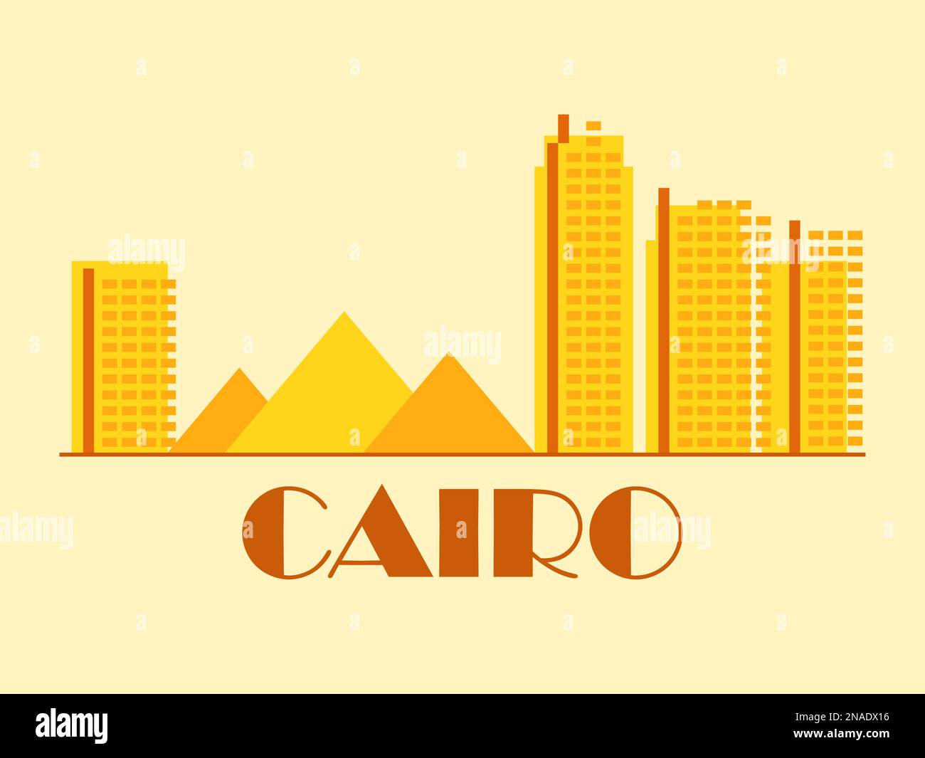 Cairo paesaggio in stile vintage. Bandiera retrò del Cairo con antiche piramidi egiziane e case in stile lineare. Design per stampa, poster e promo Illustrazione Vettoriale