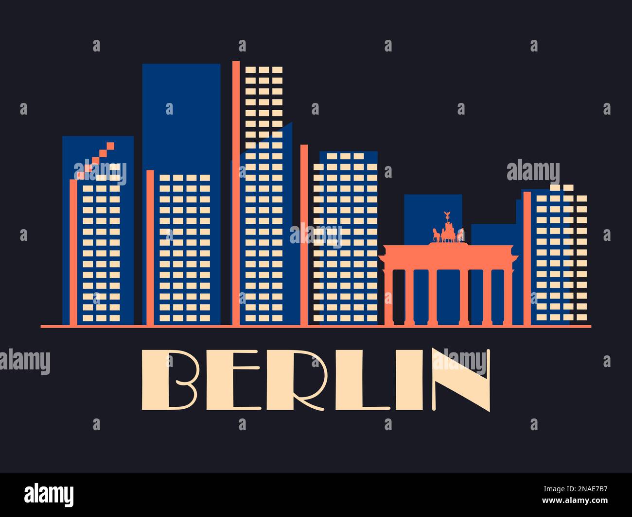 Berlino in stile vintage. Bandiera retrò della città di Berlino con la porta di Brandeburgo e le case in stile lineare. Design per stampa, poster e promozioni Illustrazione Vettoriale