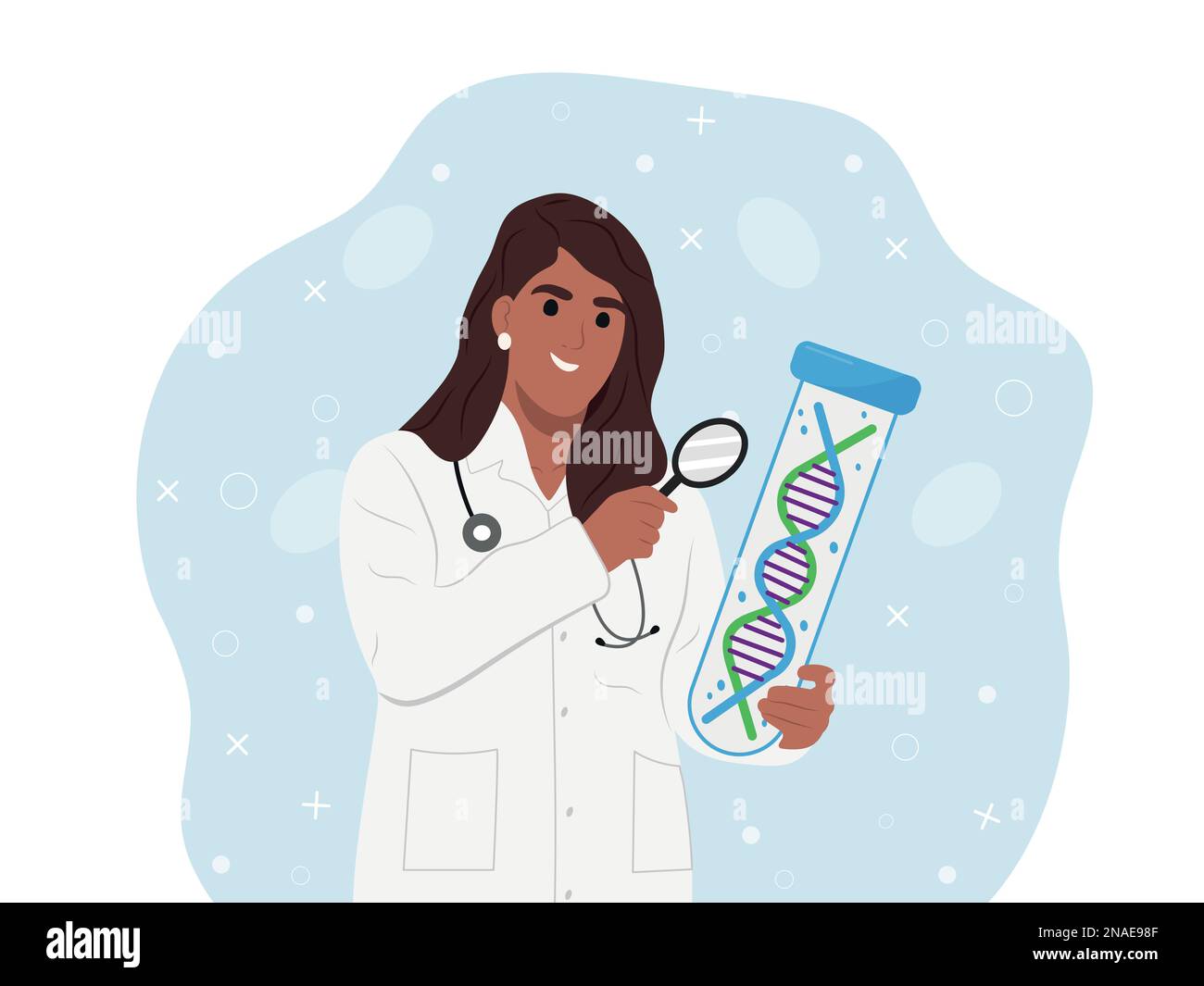 28 febbraio - Giornata delle malattie Rare. Giovane donna sorridente afro-americana che ricerca il DNA per le malattie rare. Illustrazione Vettoriale