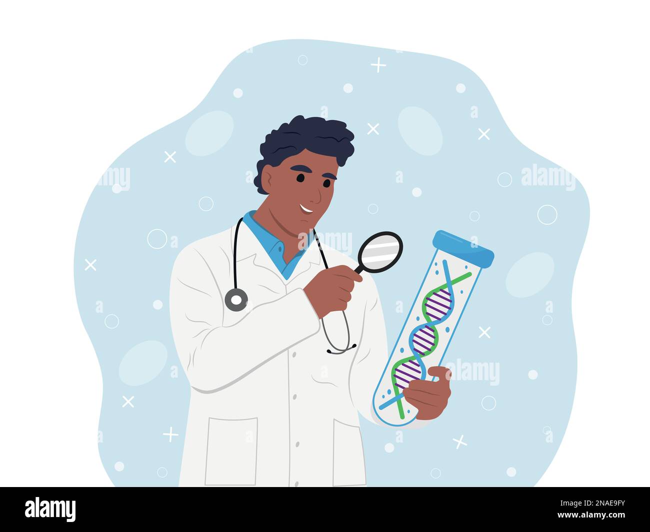 Giornata delle malattie rare osservata il 28 febbraio. Un giovane medico afro-americano sorridente sta ricercando il DNA delle malattie rare Illustrazione Vettoriale