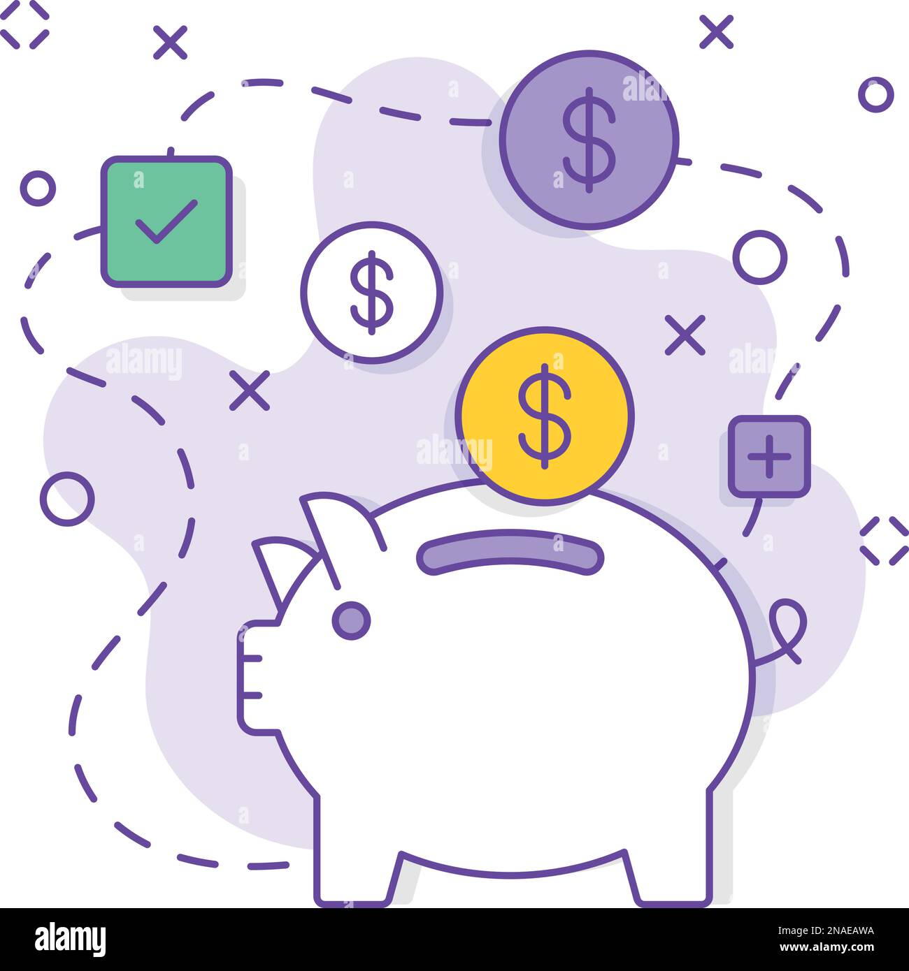 Piggy bank con volanti moneta vettore design, business Corporation Joint partnership Vendita e Marketing gestione strategia di risparmio dei costi basato sul consumatore Illustrazione Vettoriale