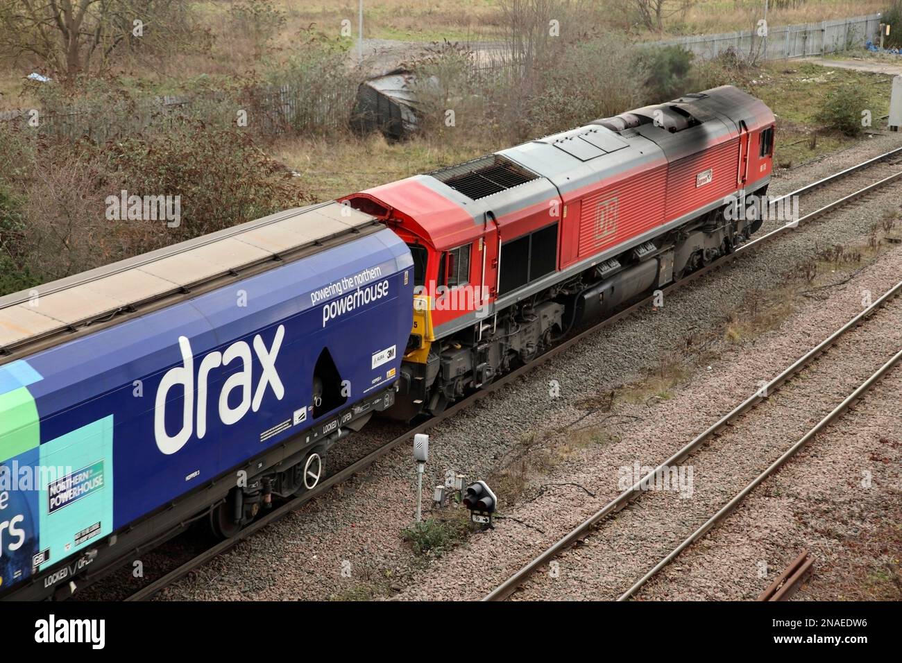 DBS Classe 66 loco 66175 'Rail Riders Express' trasporta un servizio di biomassa da Immingham a Drax Power Station attraverso Scunthorpe il 16/1/23. Foto Stock