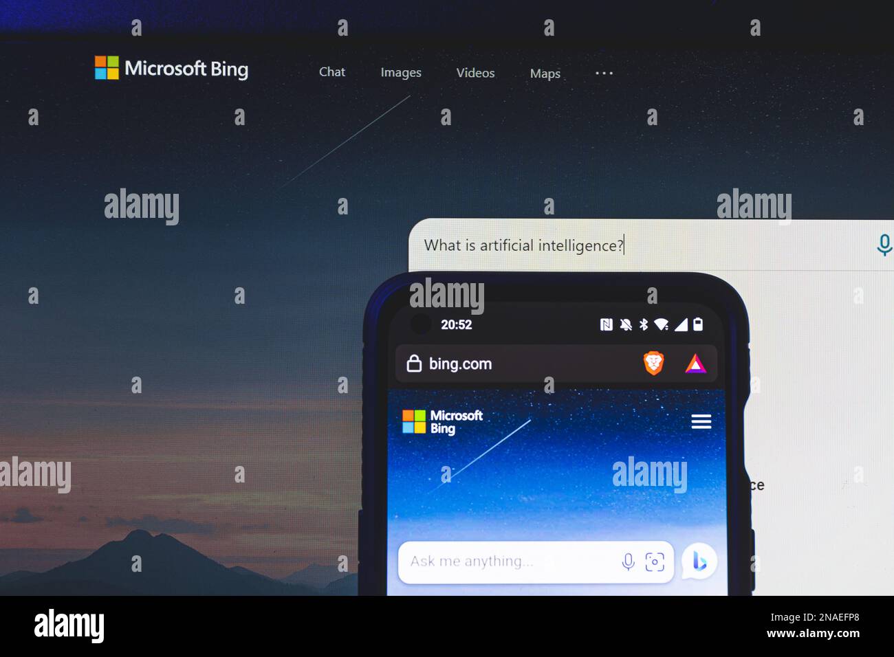 Kaunas, Lituania - 2023 febbraio 12: Bing on Screen. Microsoft Bing è il nuovo bot di AI CHAT lanciato da Microsoft Foto Stock