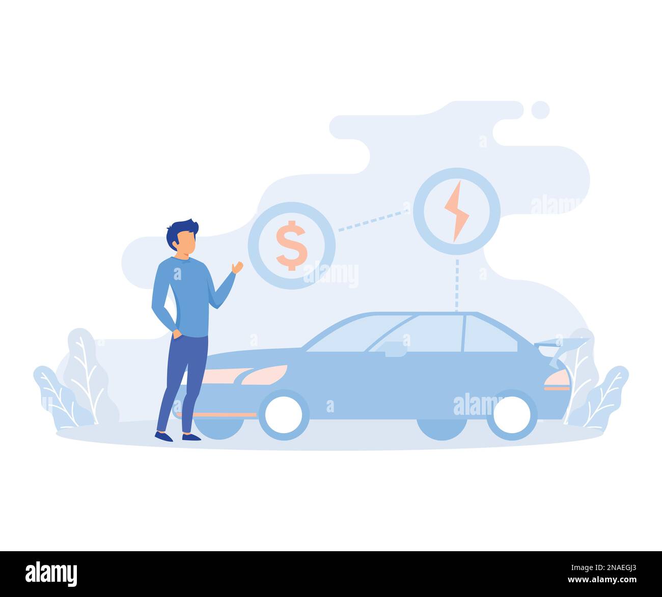 Illustrazione del trasporto sostenibile. Personaggi in piedi vicino a auto elettrica privata, e-bike e autobus pubblico. Trasporto ecologico concep Illustrazione Vettoriale