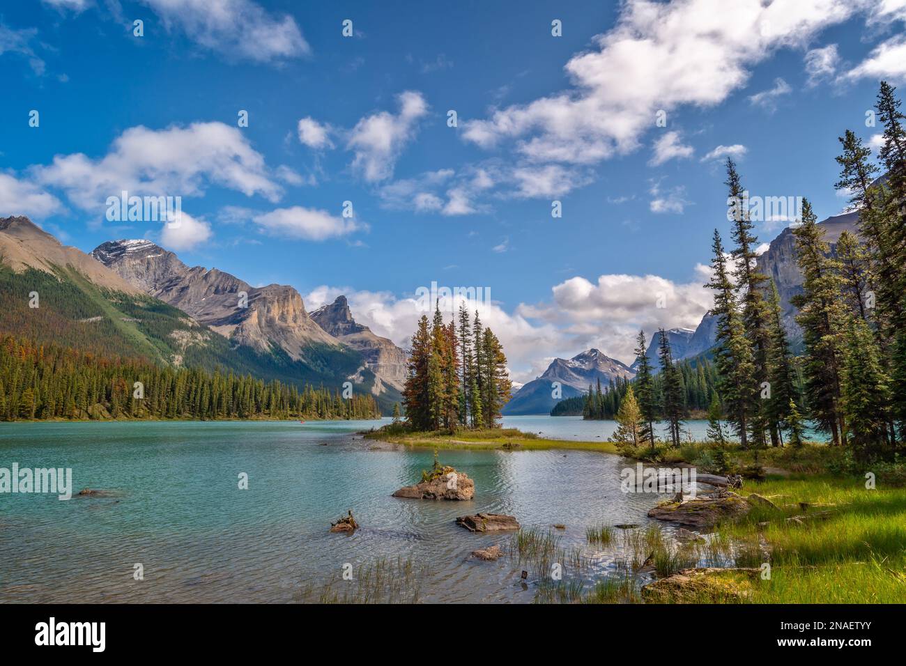 Spirit Island nel lago Maligne, Jasper National Park, Alberta, Rocky Mountains, Canada Foto Stock