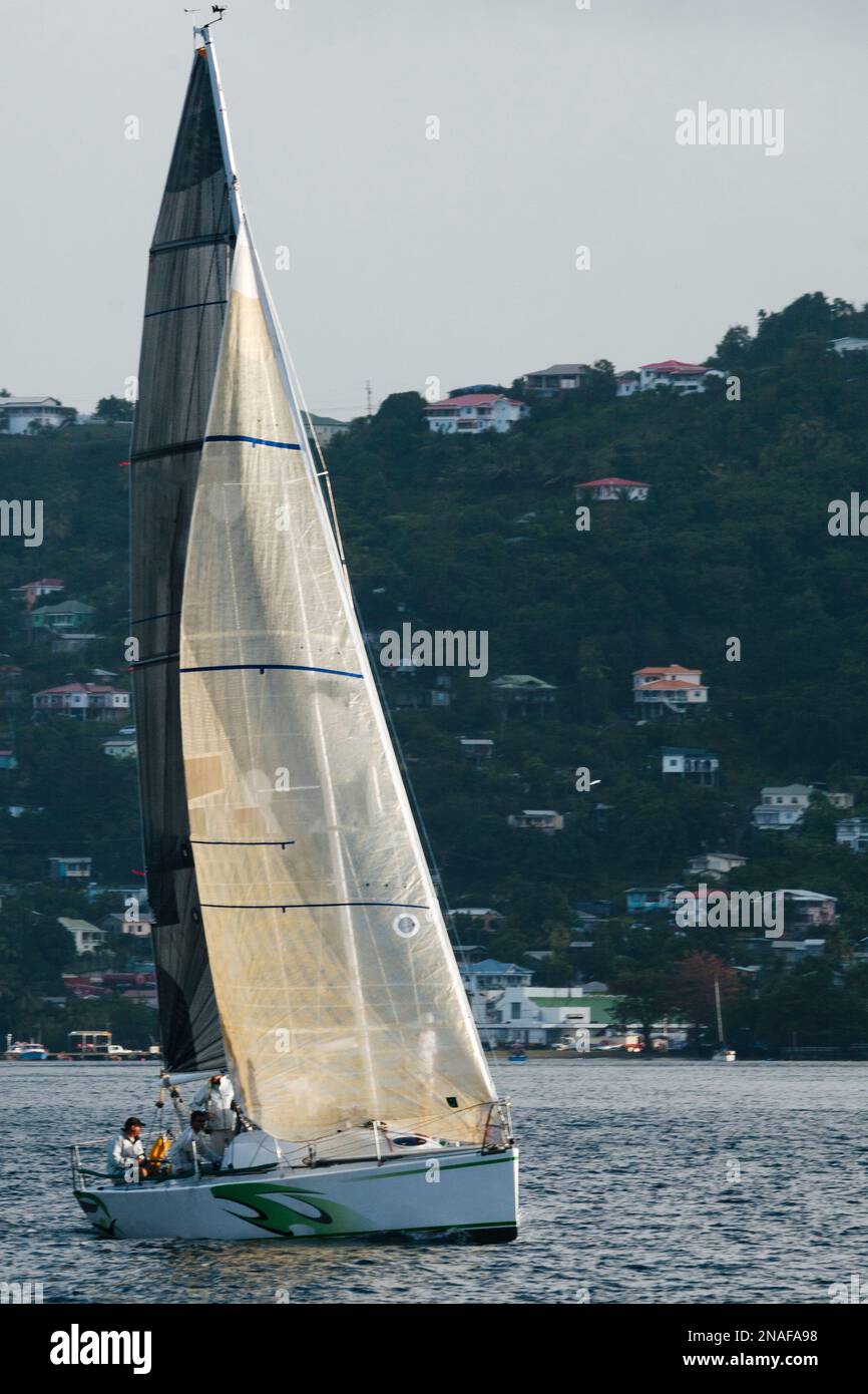 Naviga al largo dell'isola di Grenada nei Caraibi. Scena dal 2011 Mt. Gay Rum yacht Race, che circumnaviga l'isola di Grenada Foto Stock