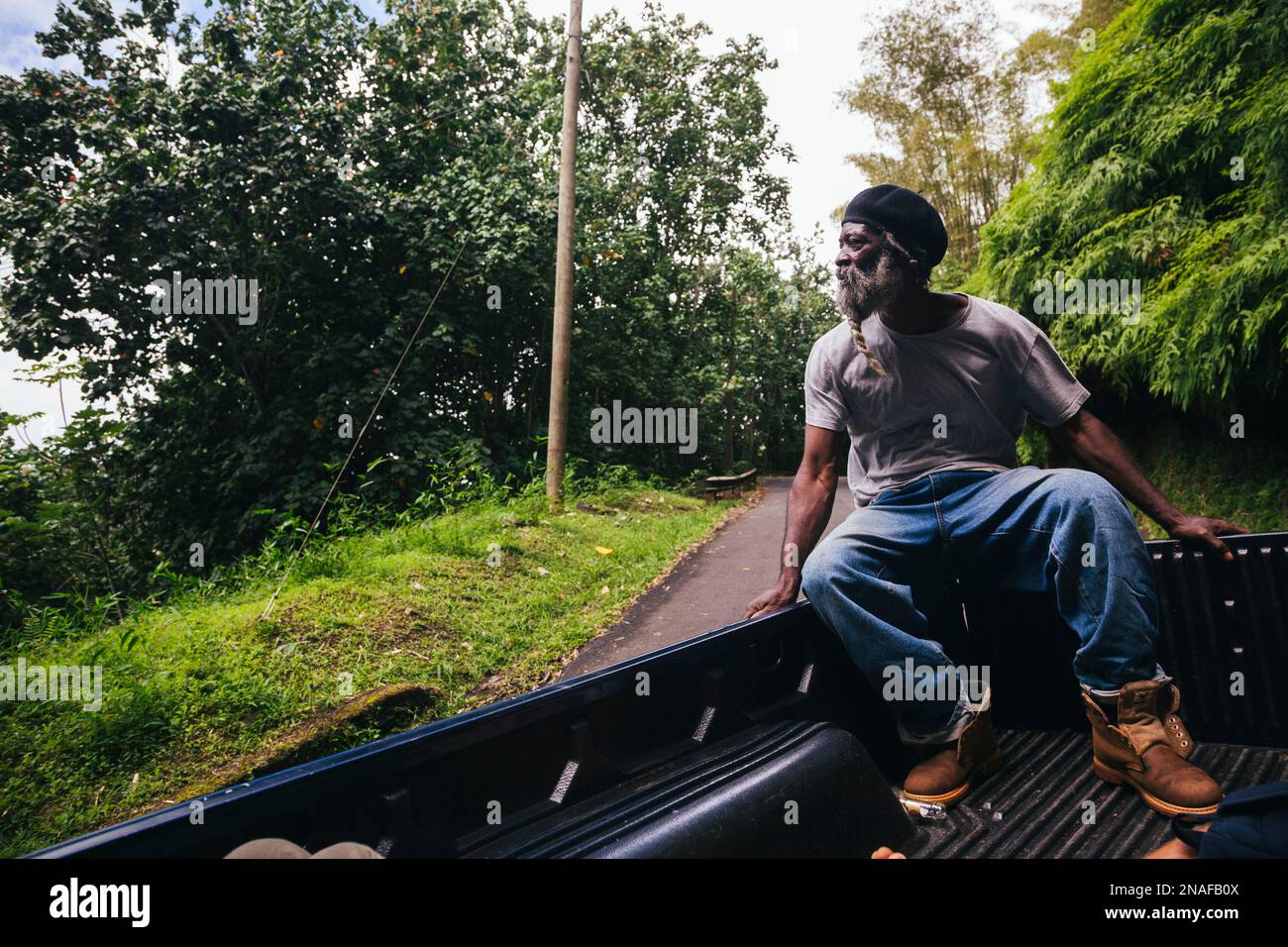 Attraversa un'isola caraibica in un pick-up; Grenada, Indie occidentali Foto Stock