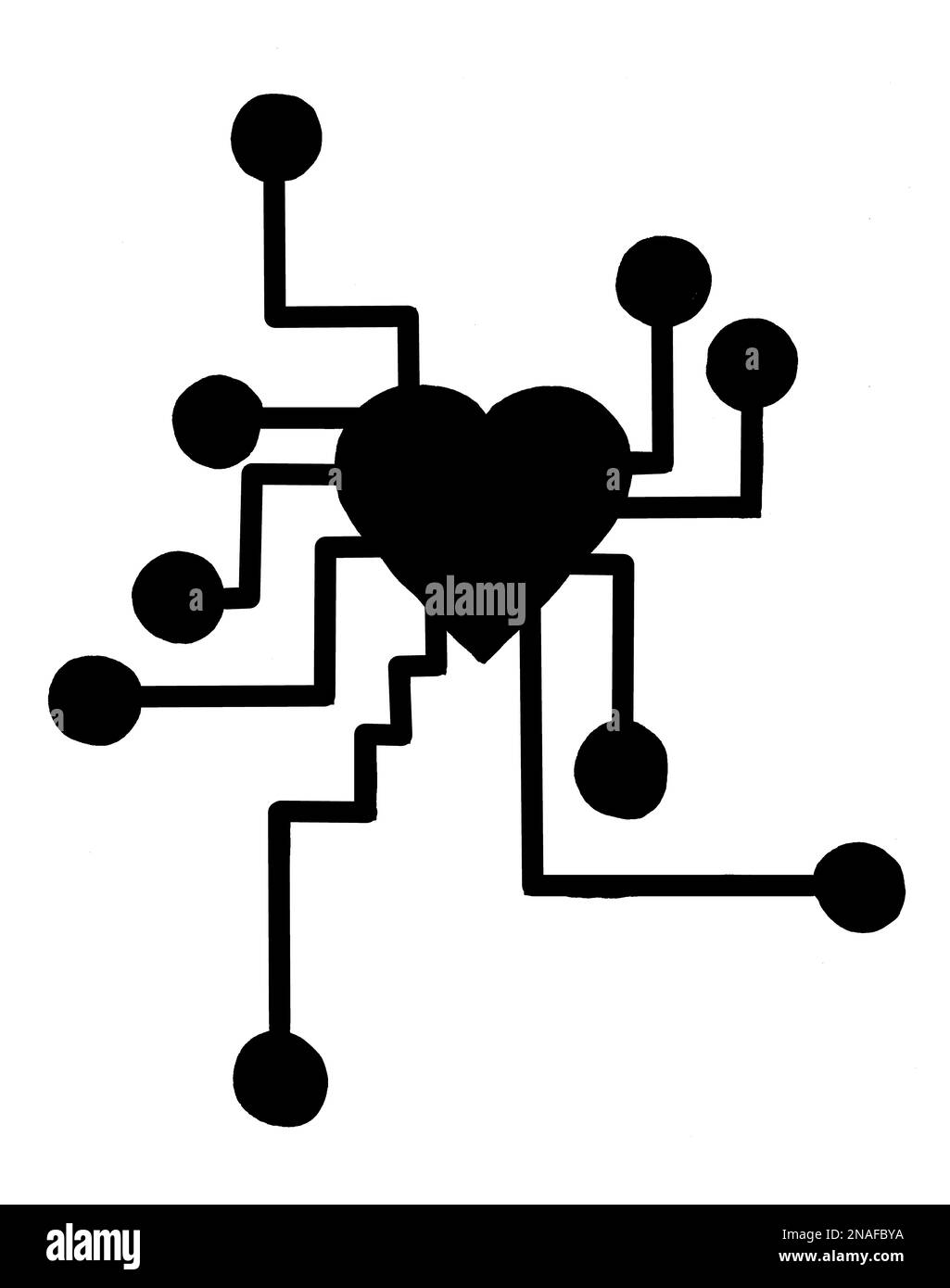 Immagine in bianco e nero di un cuore con collegamenti elettronici che lo staccano Foto Stock