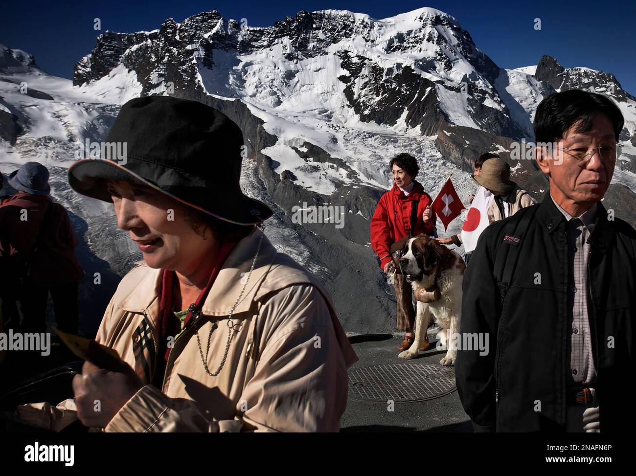 I turisti giapponesi ammirano il Cervino e si mettono in posa per una foto con gli iconici cani di San Bernardo nelle Alpi. Circa due milioni di turisti visitano ogni anno il ... Foto Stock