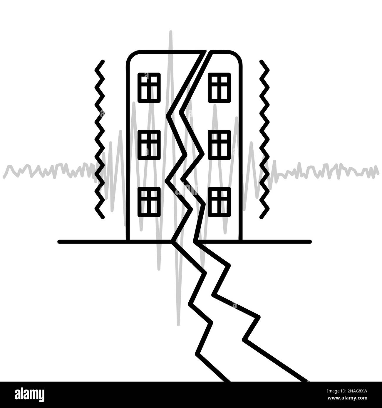 L'edificio vibra. Schizzo. I dati sismografici registrano i tremori di un terremoto. C'era una crepa nel muro della casa. Illustrazione Vettoriale