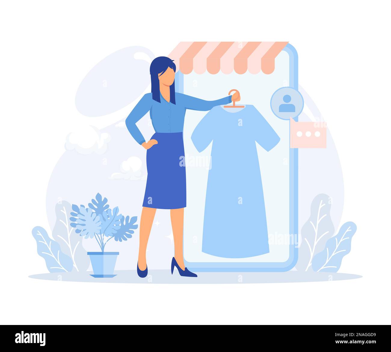 Illustrazione sostenibile della moda. I personaggi vendono, comprano e scambiano online abiti e scarpe usati. Seconda mano, cambio vestiti e donazioneFlat Vector m Illustrazione Vettoriale