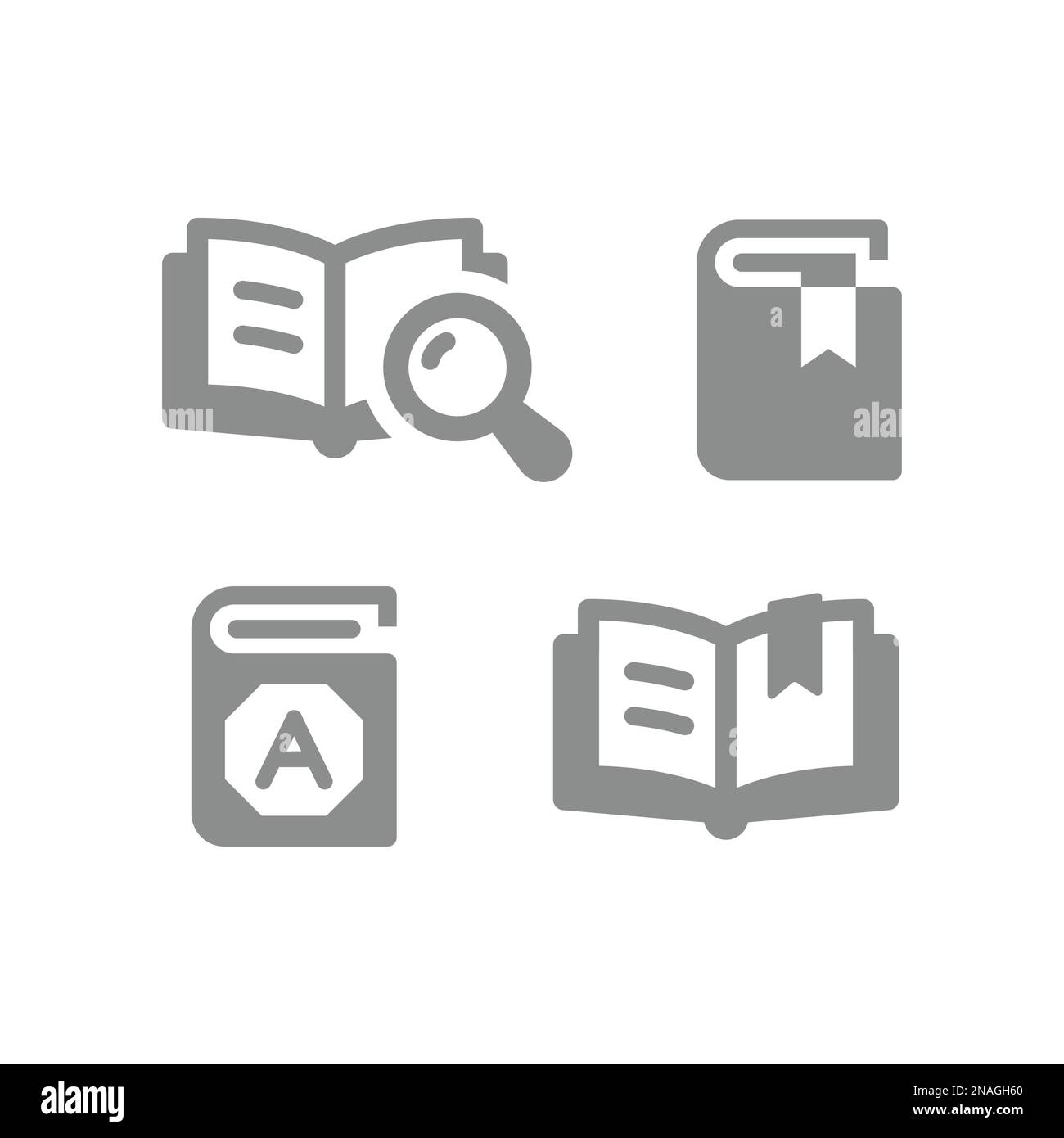 Set di icone vettoriali libro, libro aperto e libro di testo. Dizionario, lente di ingrandimento e icone dei segnalibri. Illustrazione Vettoriale