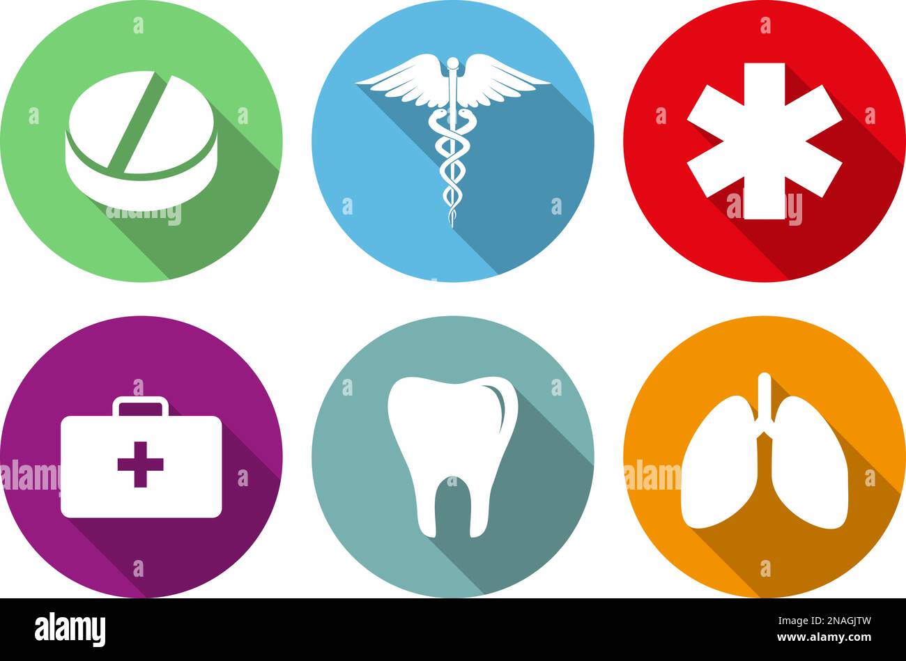 Set di icone per il settore medico in un design piatto con lunga ombra Illustrazione Vettoriale