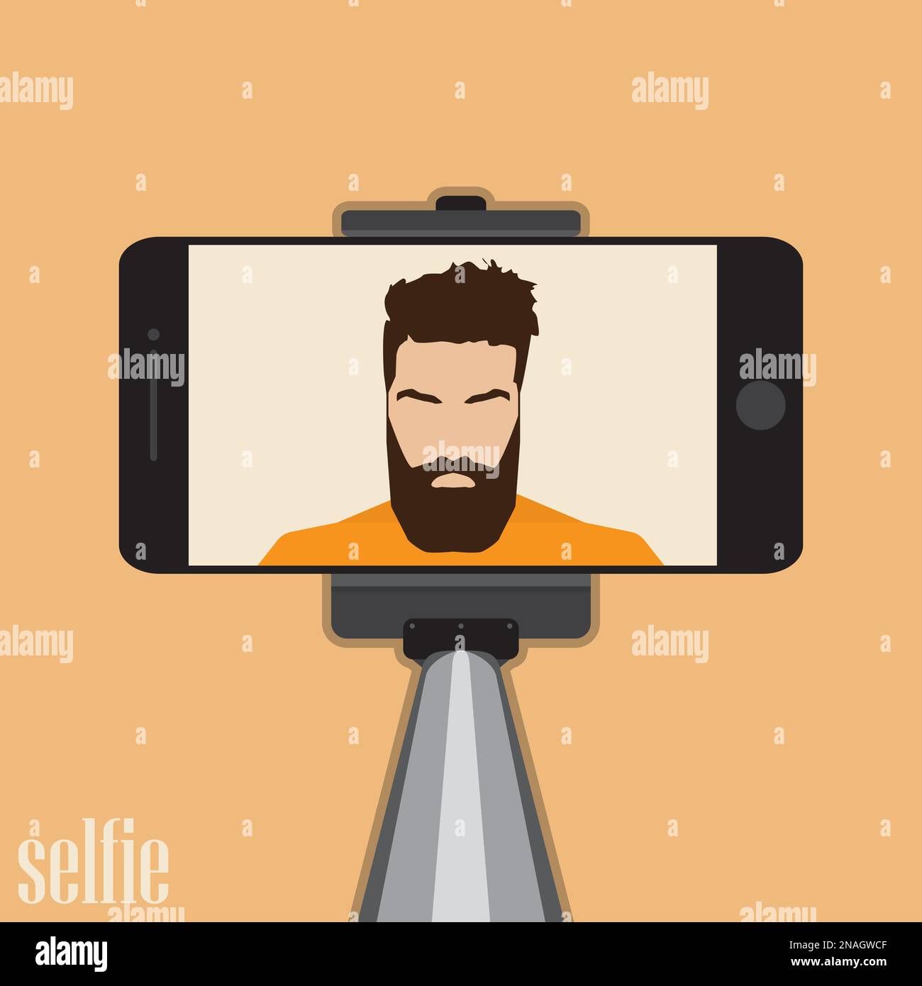 Bastone per selfie. Il Selfie monopiede scatta l'illustrazione vettoriale del cartoon.giovane coppia che fa il autoritratto. Uomo con l'orticia della barba Illustrazione Vettoriale