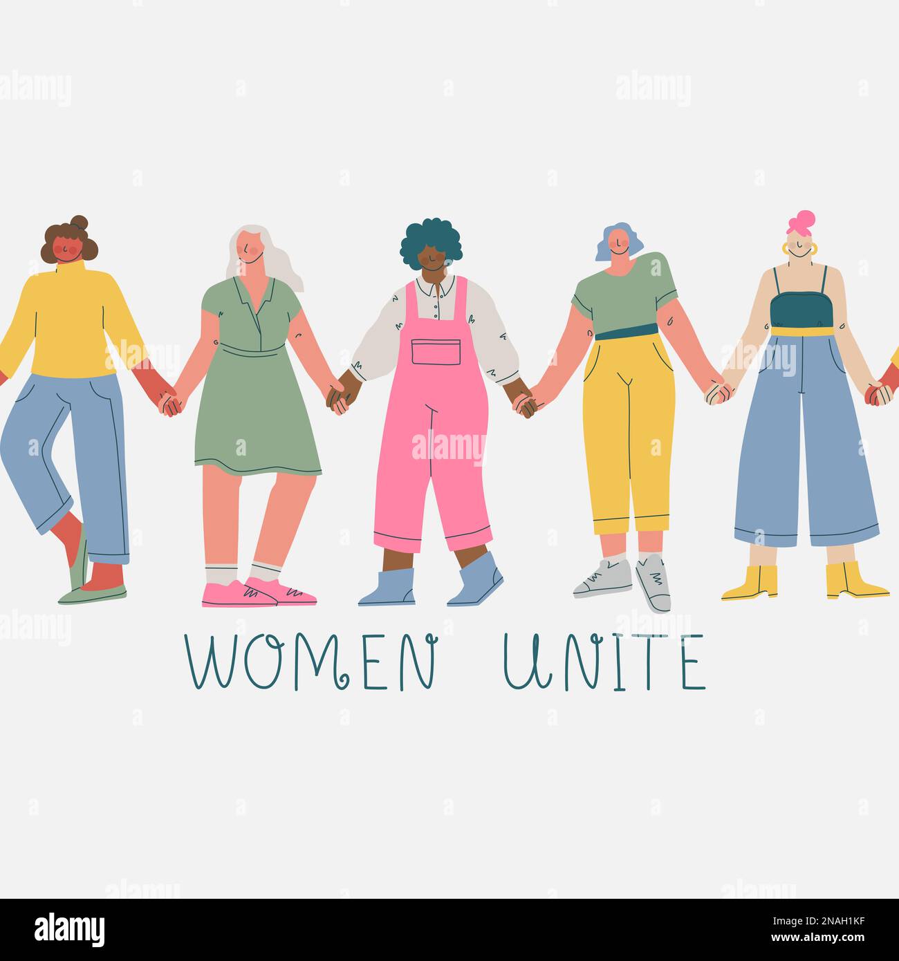 Le donne si uniscono. Un gruppo di donne di diverse nazionalità e opzioni di colore della pelle tenere le mani. Femminismo in diversi paesi. Vettore trendy Illustrazione Vettoriale