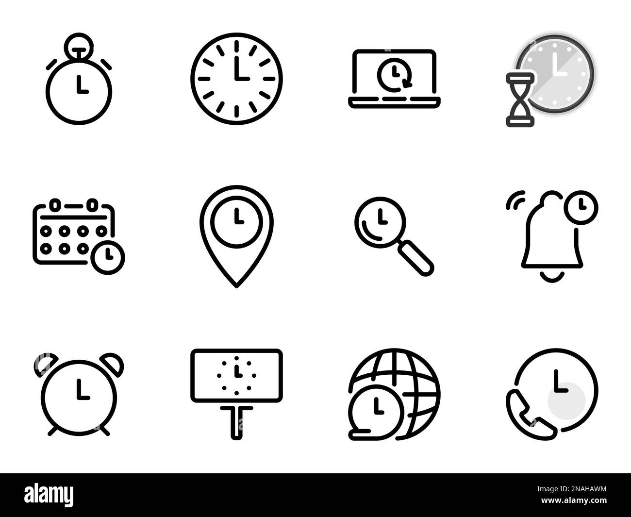Set di icone vettoriali nere, isolate su sfondo bianco. Illustrazione piatta su un tema ore, pausa e programmazione Illustrazione Vettoriale