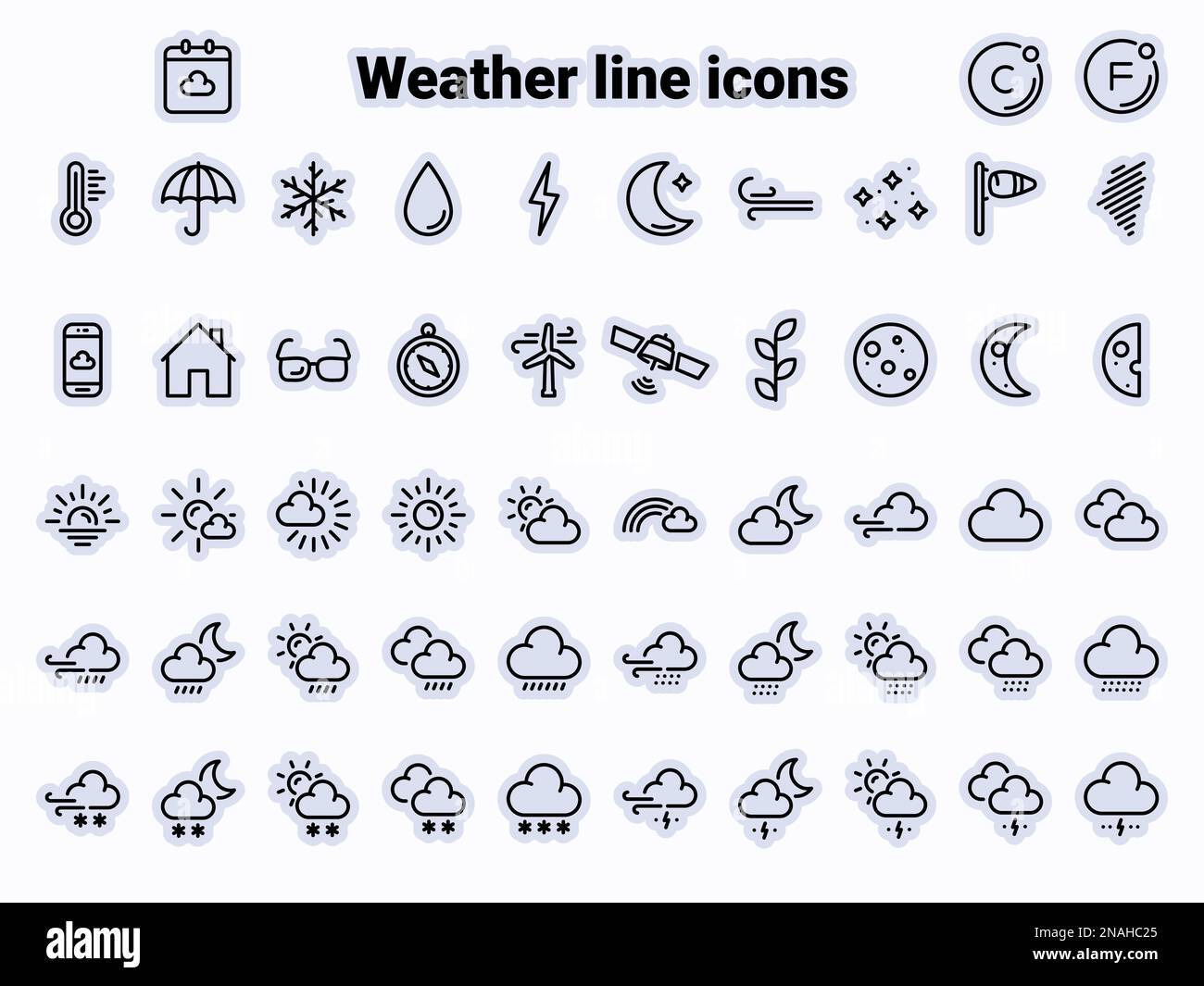 Icone vettoriali semplici. Illustrazione piatta su un tema simboli meteo e cartelli Illustrazione Vettoriale