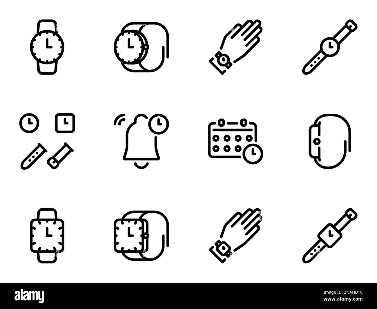 Set di icone vettoriali nere, isolate su sfondo bianco. Illustrazione piatta su un orologio da polso a tema come accessorio per la gestione del tempo Illustrazione Vettoriale
