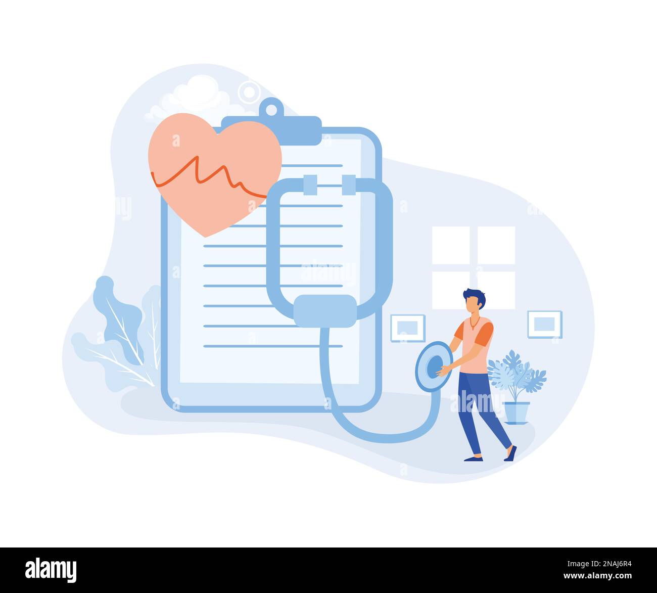 Screening delle malattie cardiache e illustrazione diagnostica. Il medico controlla la pressione sanguigna ed esamina il cardiogramma e il polso sul monitor EKG. Sanità e medi Illustrazione Vettoriale