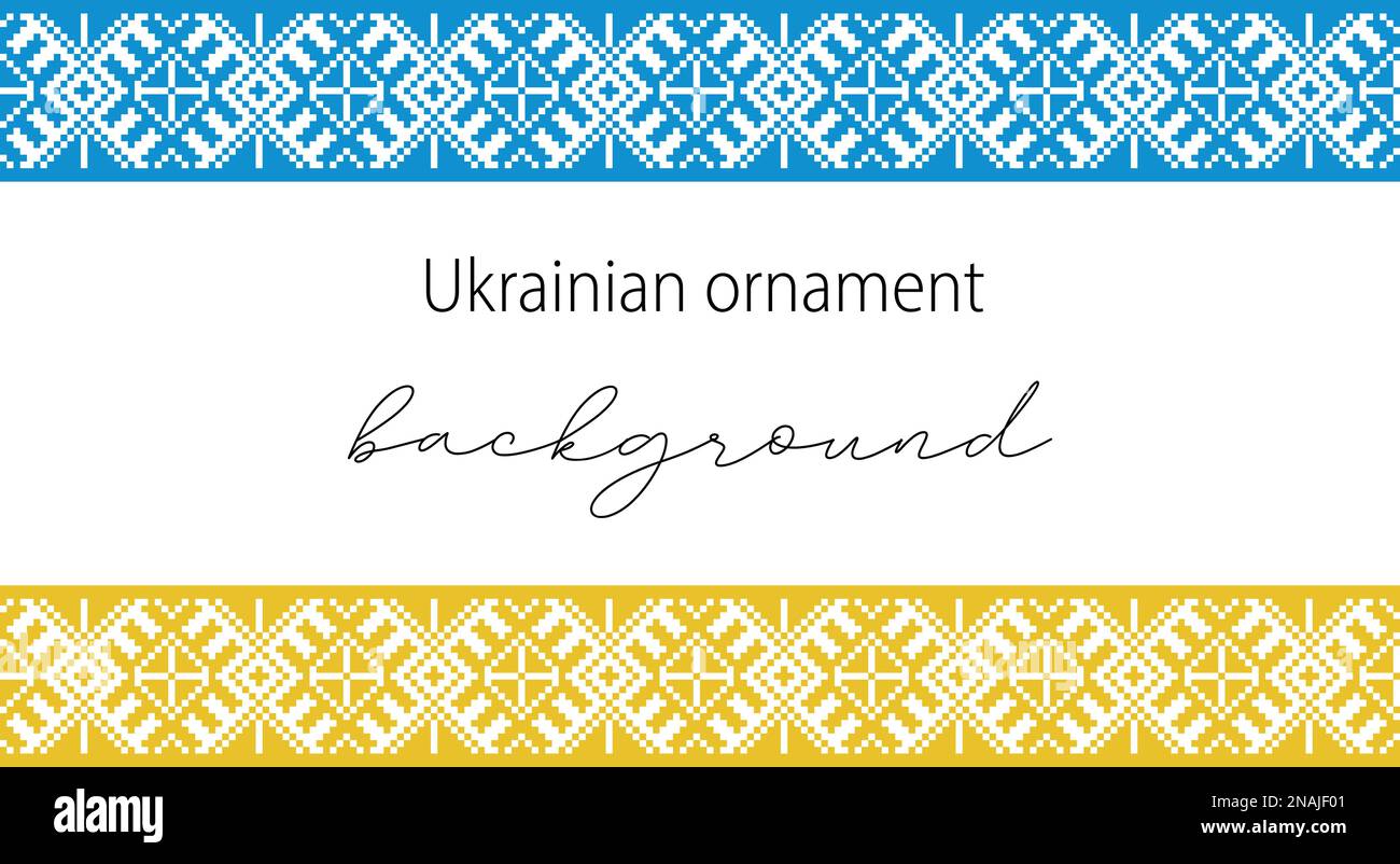 Sfondo vettoriale ucraino, banner, poster.folk tradizionale, ornamento etnico. Bordo nei colori giallo e blu bandiera Ucraina. Pixel art, vyshyvanka Illustrazione Vettoriale