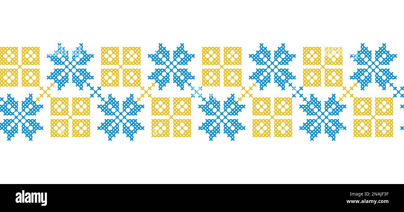 Ornamento vettoriale geometrico ucraino, bordo, motivo. Ricamo tradizionale ucraino. Ornamento nei colori giallo e blu. Pixel art, vyshyvanka Illustrazione Vettoriale