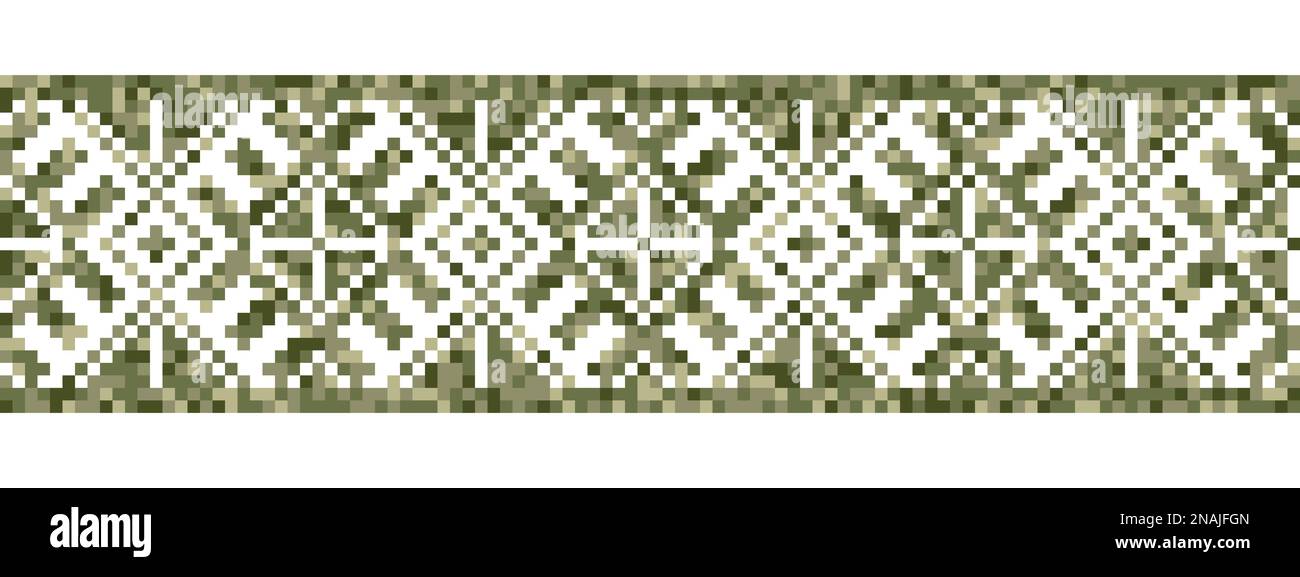 Disegno militare modello geometrico. Arredamento etnico popolare ucraino. Arredamento stile urbano pixel art vettoriale. Stampa militare di moda nei colori verdi Illustrazione Vettoriale