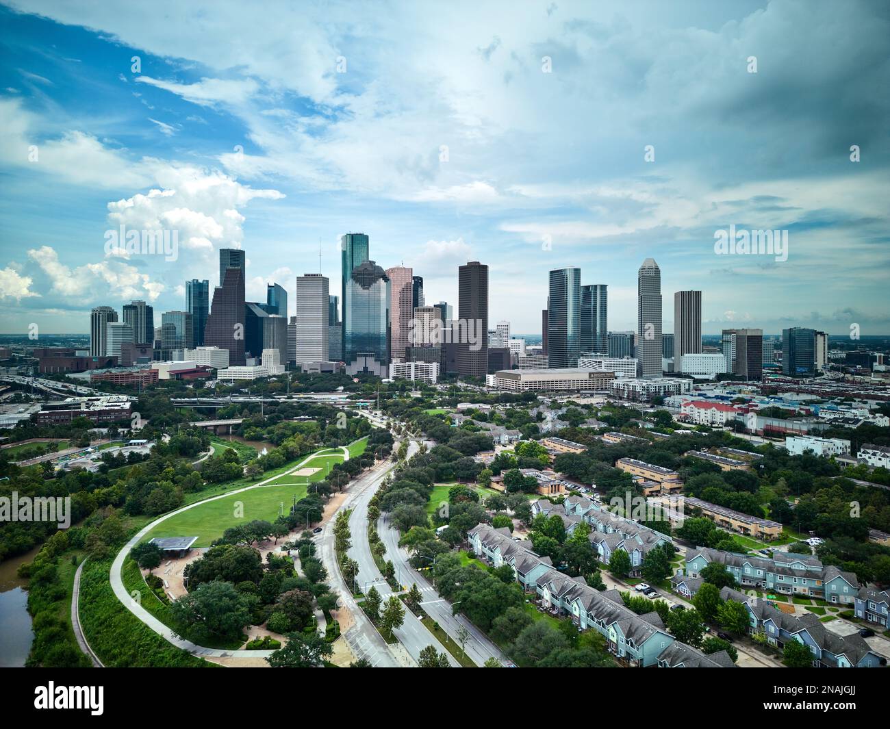 Vista aerea dello skyline del centro di Houston in una giornata libera Foto Stock