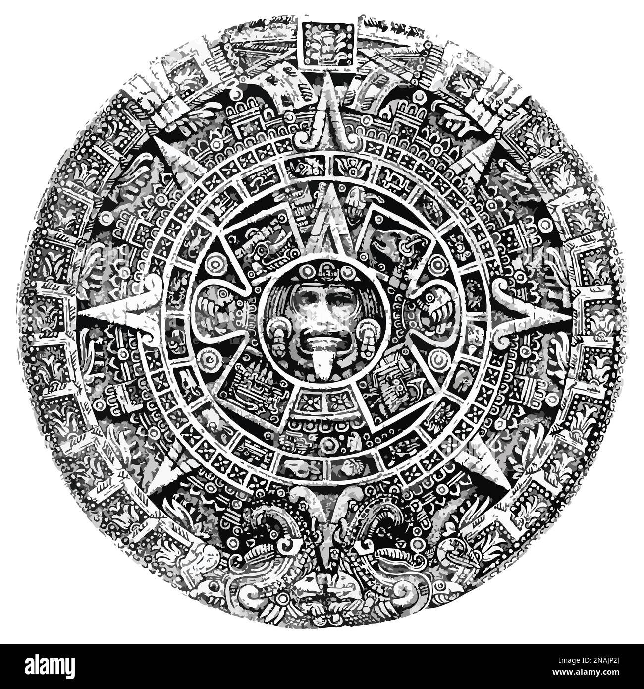 Illustrazione del calendario Aztec in pietra solare. Scultura messicana post classica Foto Stock