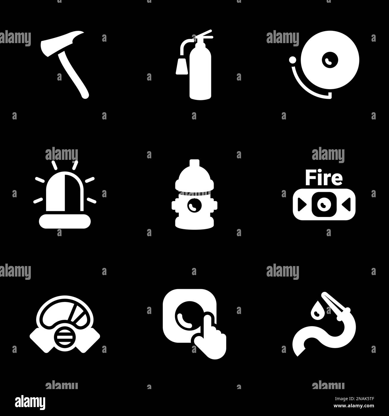 Icone per il tema Vigili del fuoco , vettore, icona, set. Sfondo nero Illustrazione Vettoriale