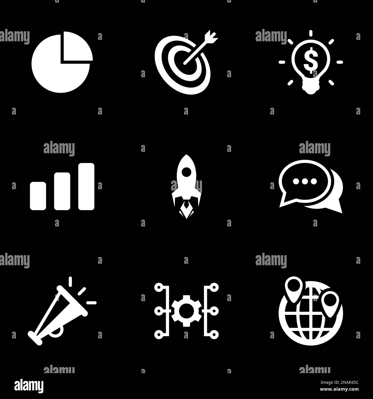 Icone per l'introduzione sul mercato di tema, vettore, icona, insieme. Sfondo nero Illustrazione Vettoriale