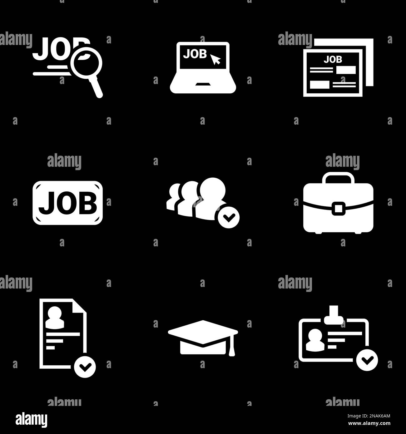 Icone per lavoro a tema, ricerca, colloquio di lavoro, dipendente, vettore, icona, set. Sfondo nero Illustrazione Vettoriale