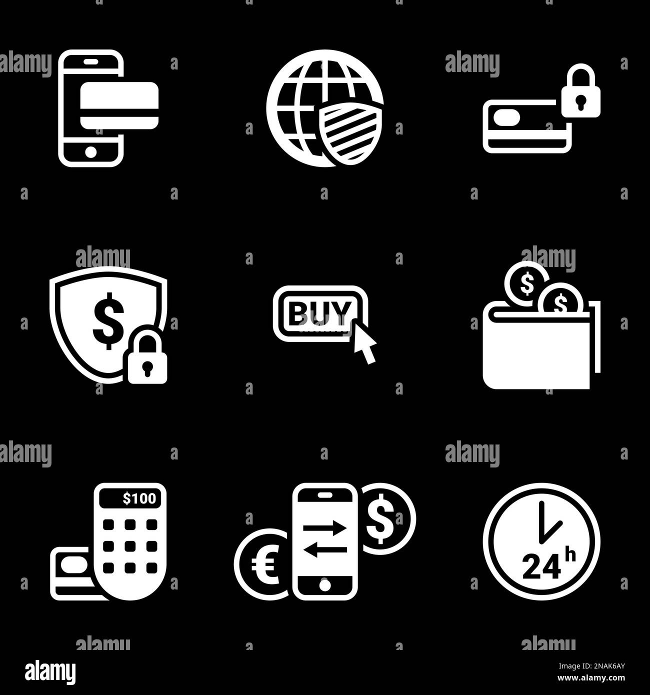 Set di icone semplici su un tema Internet denaro, web, scambio, shopping, vettore, imposta. Sfondo nero Illustrazione Vettoriale