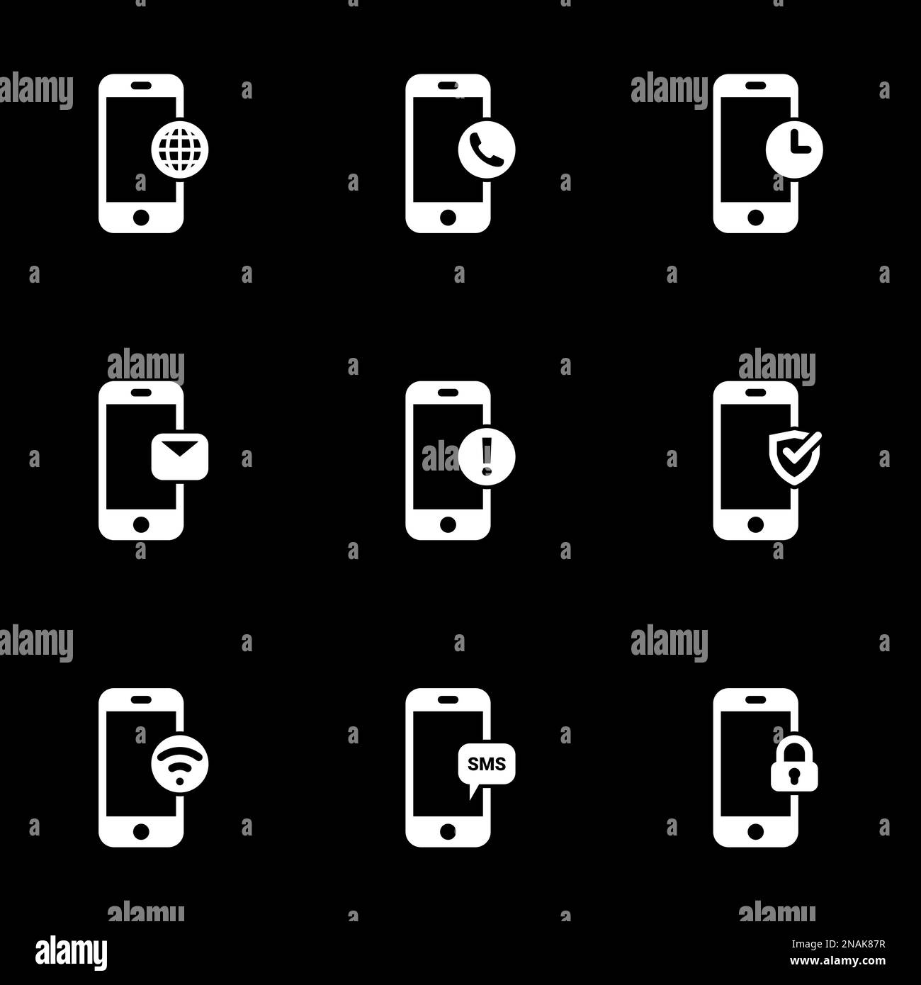 Set di icone semplici su un tema funzioni del telefono, funzionalità, notifica, comunicazione, internet, messaggio, vettore, set. Sfondo nero Illustrazione Vettoriale