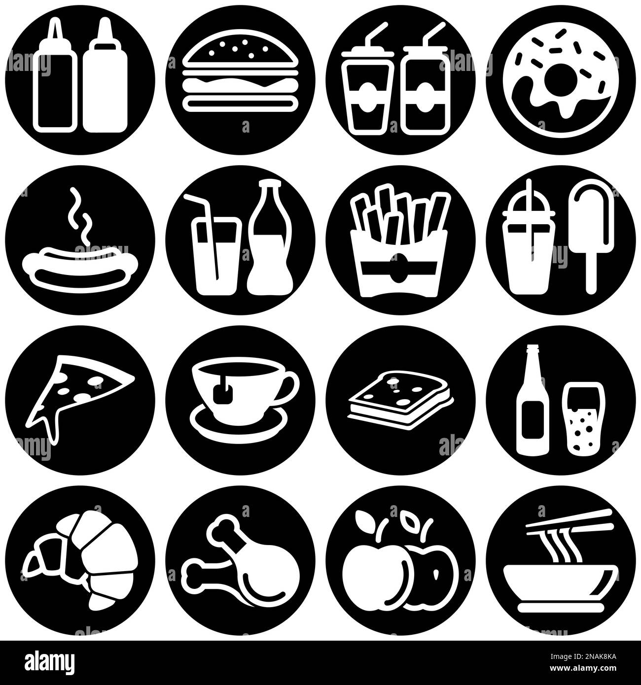 Set di icone semplici su un tema Fast food, bevande, caffè, alcolici, ristorante, dolci, cibo nocivo, food court, vettore, set. Sfondo bianco Illustrazione Vettoriale