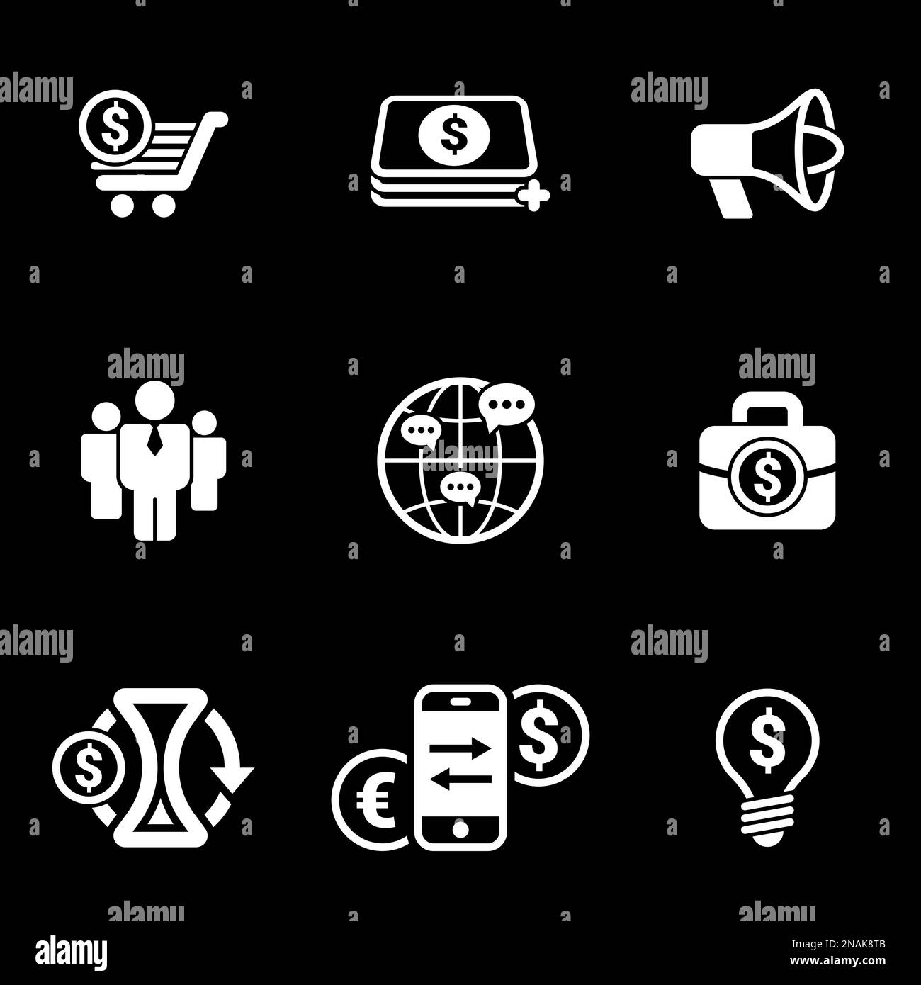 Set di icone semplici su un tema Business, marketing, finanza, pubblicità, vettore, imposta. Sfondo nero Illustrazione Vettoriale
