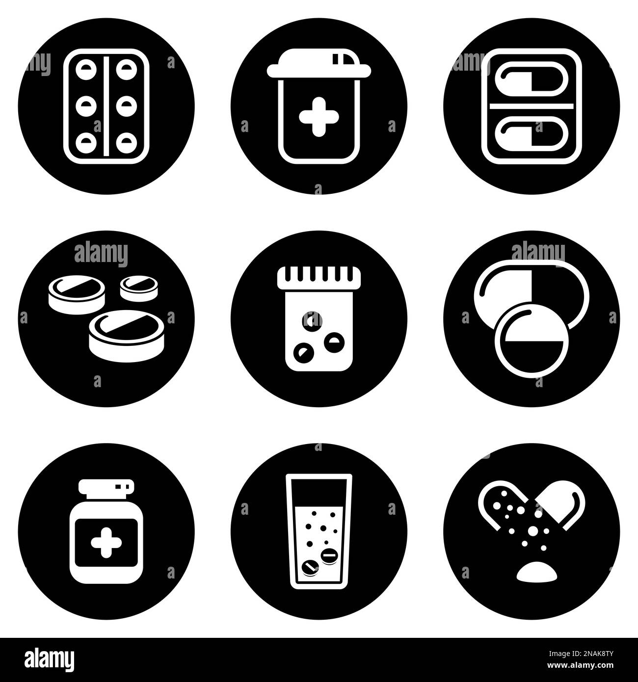 Insieme di icone semplici su un tema farmaci, farmaci, compresse, antidepressivi, vettore, set. Sfondo bianco Illustrazione Vettoriale