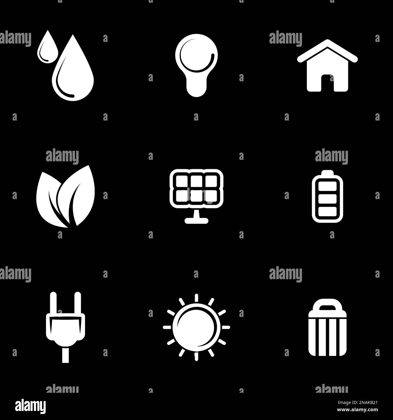 Set di icone semplici su un tema Ecologia, energia, batteria, pannello solare, riciclaggio, cassaforte, carburante, vettore, set. Sfondo nero Illustrazione Vettoriale