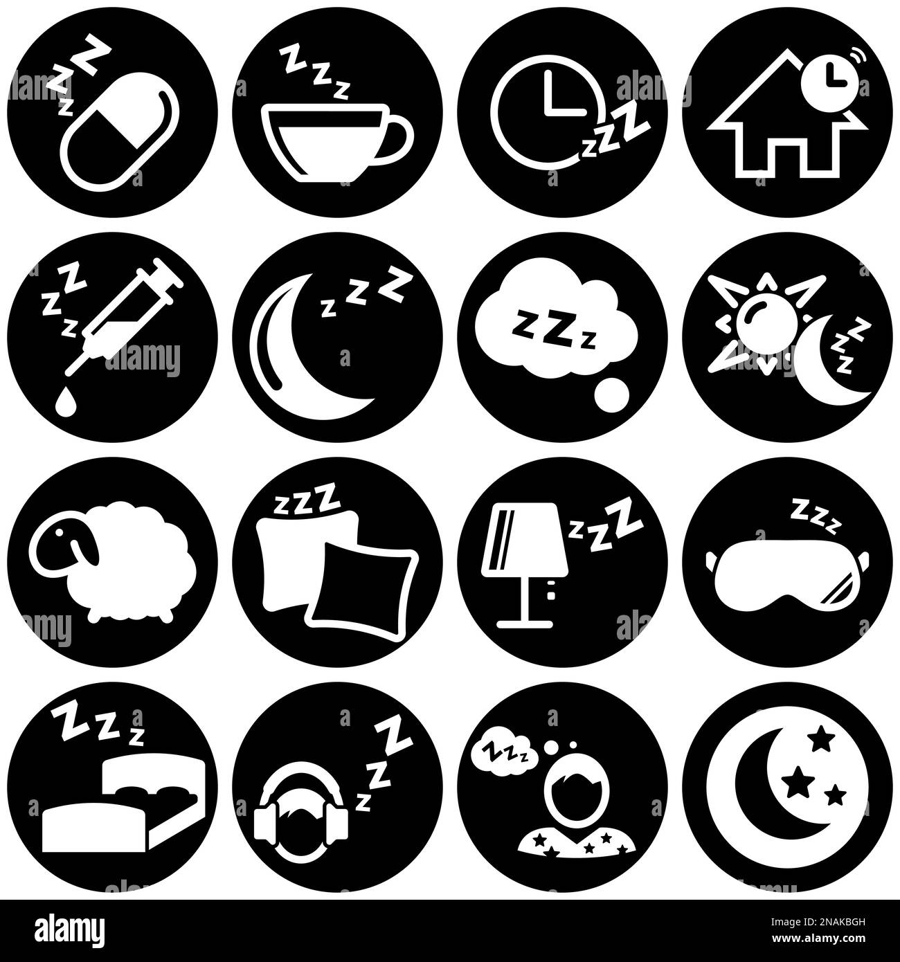 Set di icone semplici su un tema sonno, camera da letto, casa, illuminazione, notte, vettore, imposta, piatto, segno, simbolo, oggetto. Sfondo bianco Illustrazione Vettoriale