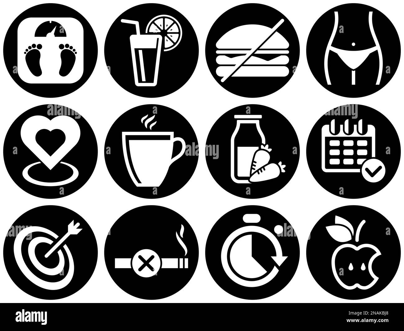 Set di icone semplici su un tema Dieta, vettore, design, collezione, piatto, segno, simbolo, elemento, oggetto, illustrazione. Sfondo bianco Illustrazione Vettoriale