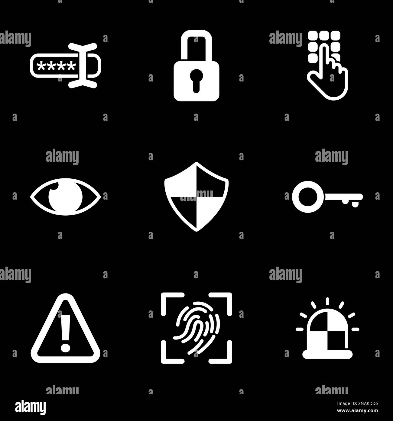 Set di icone semplici su un tema Password, autorizzazione, protezione, dati personali, vettore, imposta. Sfondo nero Illustrazione Vettoriale