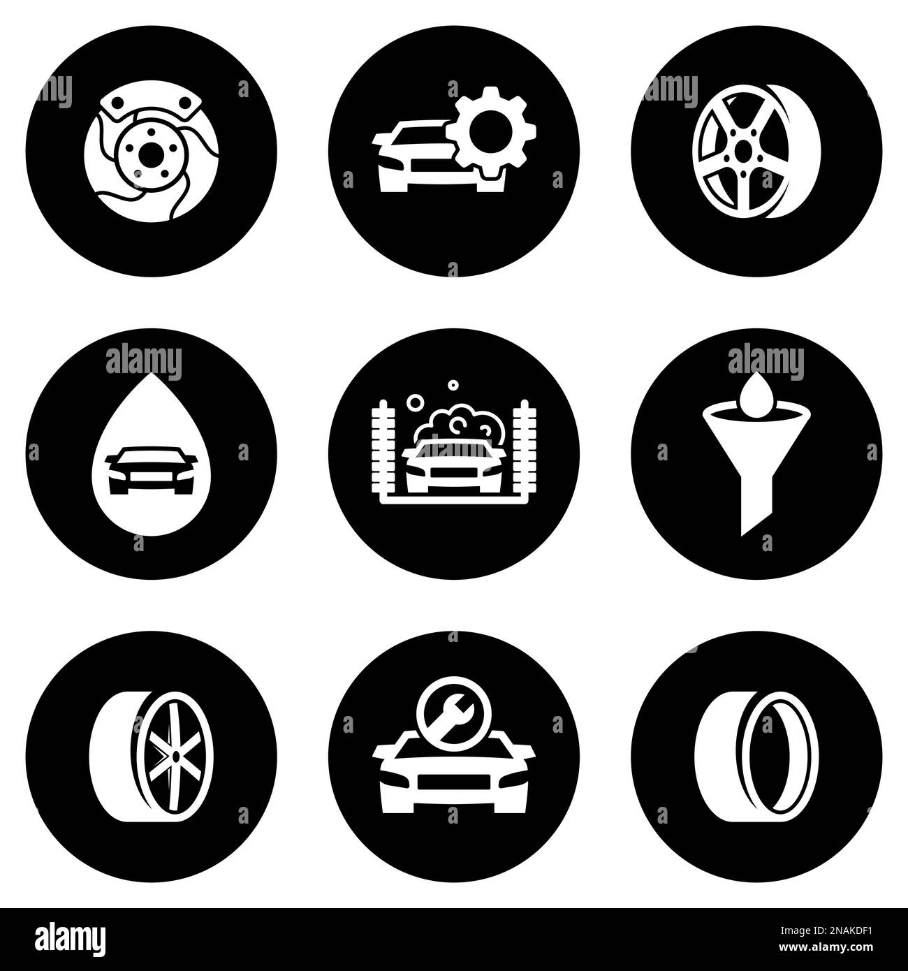 Insieme di icone semplici su un tema Servizio di automobile, vettore, disegno, collezione, piatto, segno, simbolo, elemento, oggetto, illustrazione, isolato. Sfondo bianco Illustrazione Vettoriale