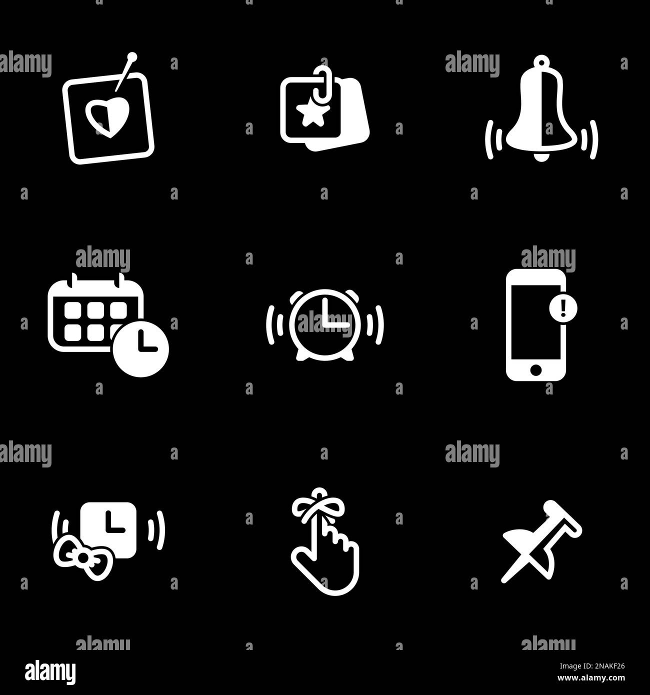 Set di icone semplici su un tema Promemoria, avviso, attenzione, vettore, Set. Sfondo nero Illustrazione Vettoriale
