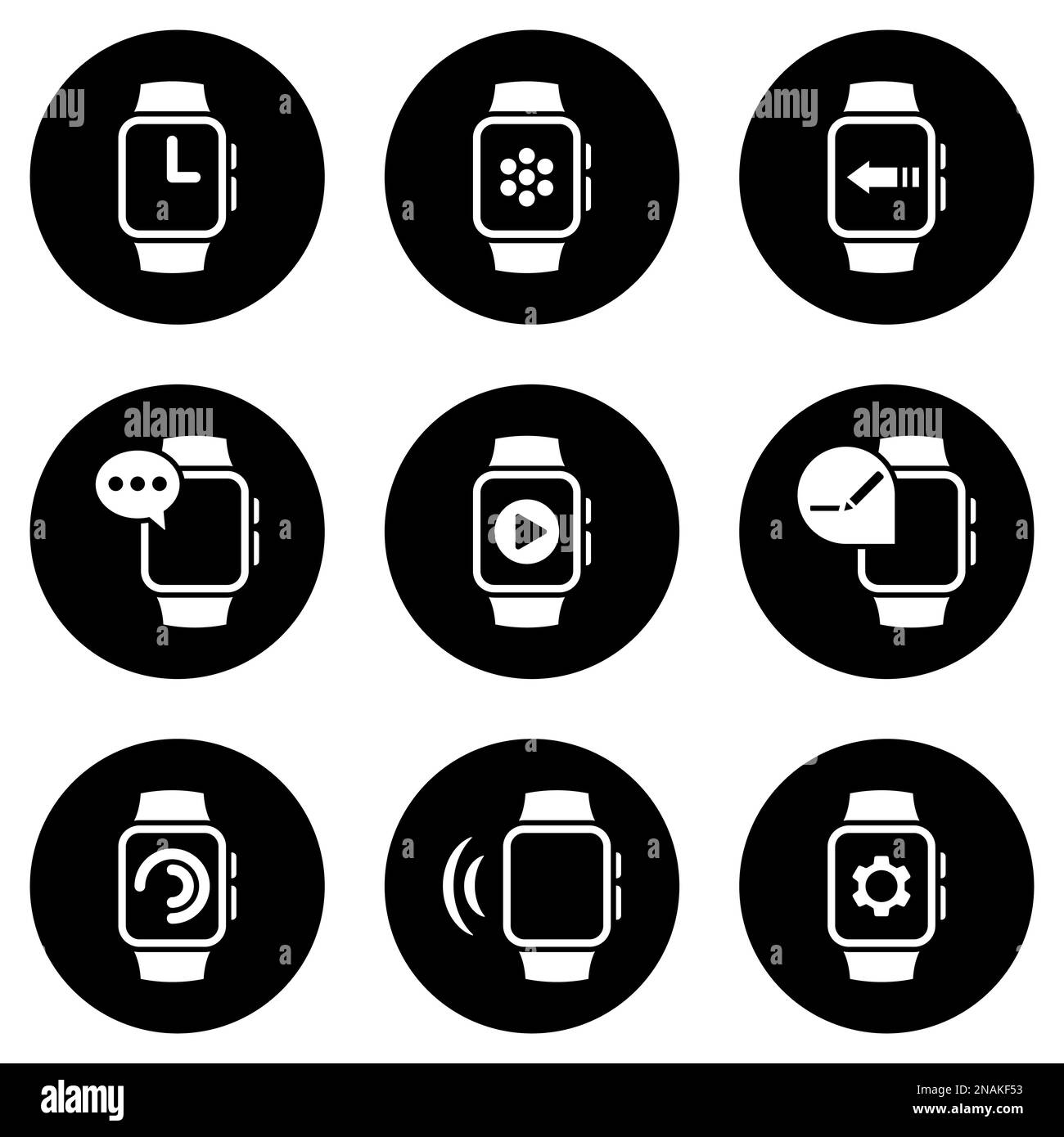 Insieme di icone semplici su un tema orologio intelligente, vettore, disegno, collezione, piatto, segno, simbolo, elemento, oggetto, illustrazione, isolato. Sfondo bianco Illustrazione Vettoriale